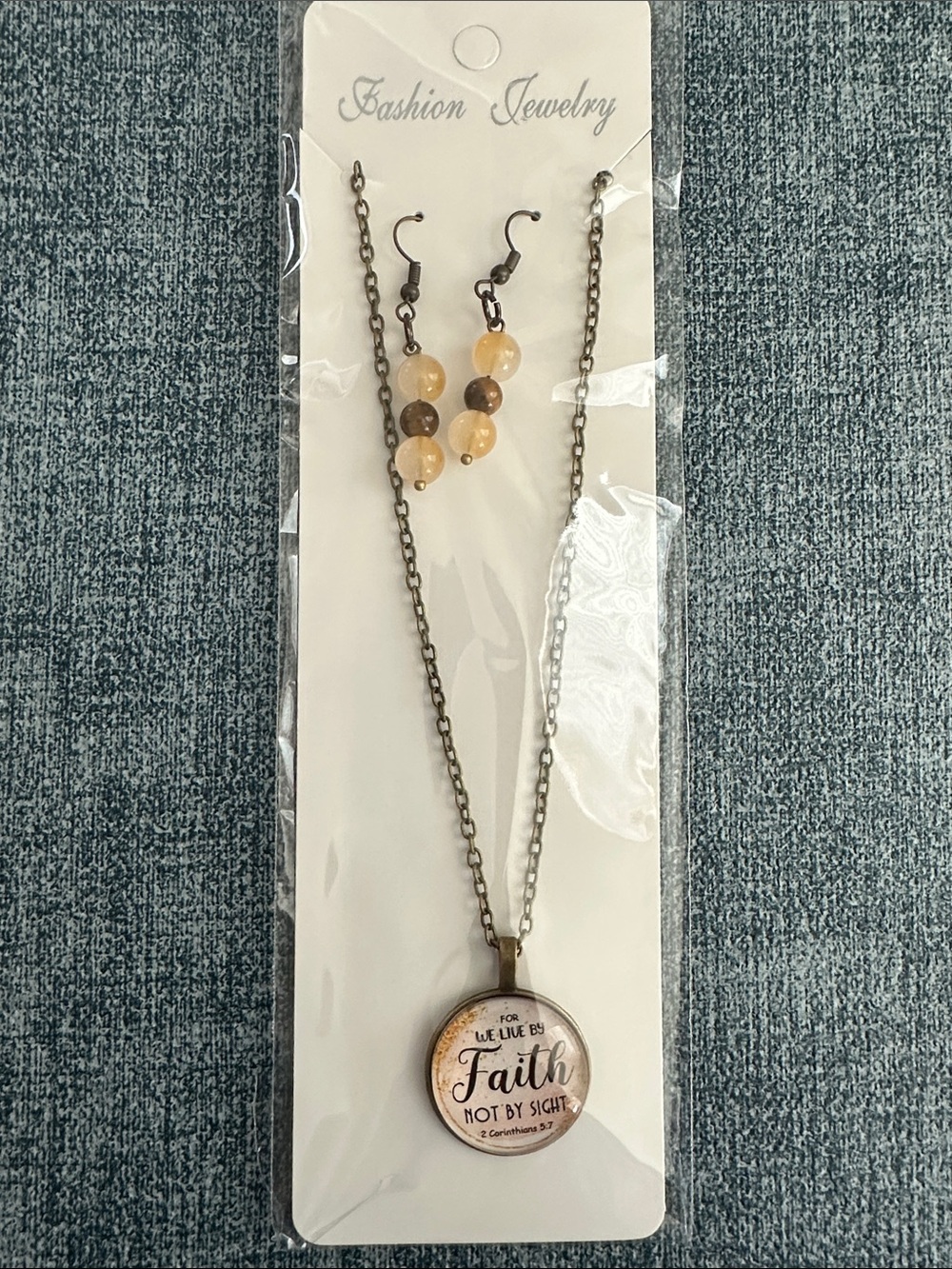 New Faith Pendant Necklace and Bead Earrings Set - Cream/Brown